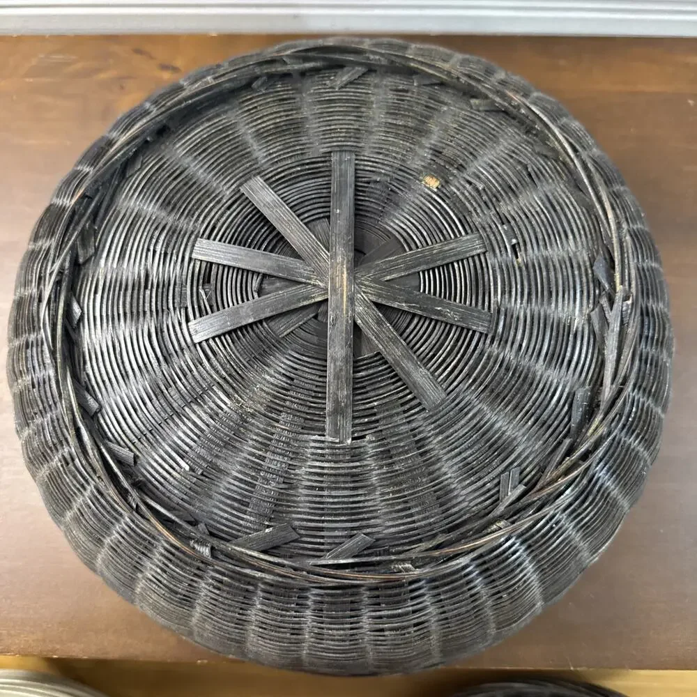 Vintage Wicker 10” Chinese Sewing Basket with Beads, Tassels and Ring